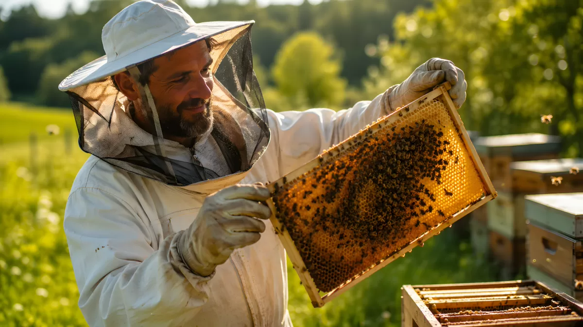 Imker inspiziert Honigwabe mit Bienenvolk im Sommer