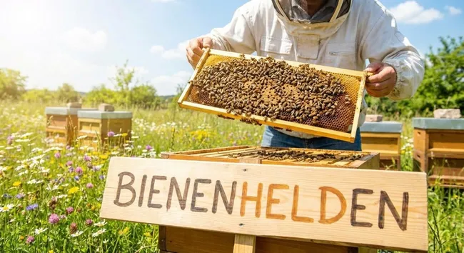 Imker präsentiert Bienenwabe auf blühender Wiese