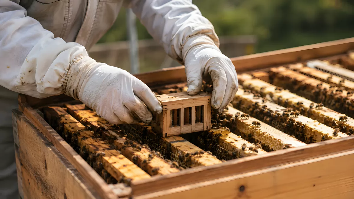 Imker setzt Königinnenkäfig in Bienenbeute ein