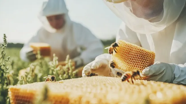 Imkerin in Schutzkleidung bei der Honigproduktion