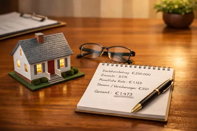 Immobilie, Finanzplanung und Büroartikel auf Holztisch