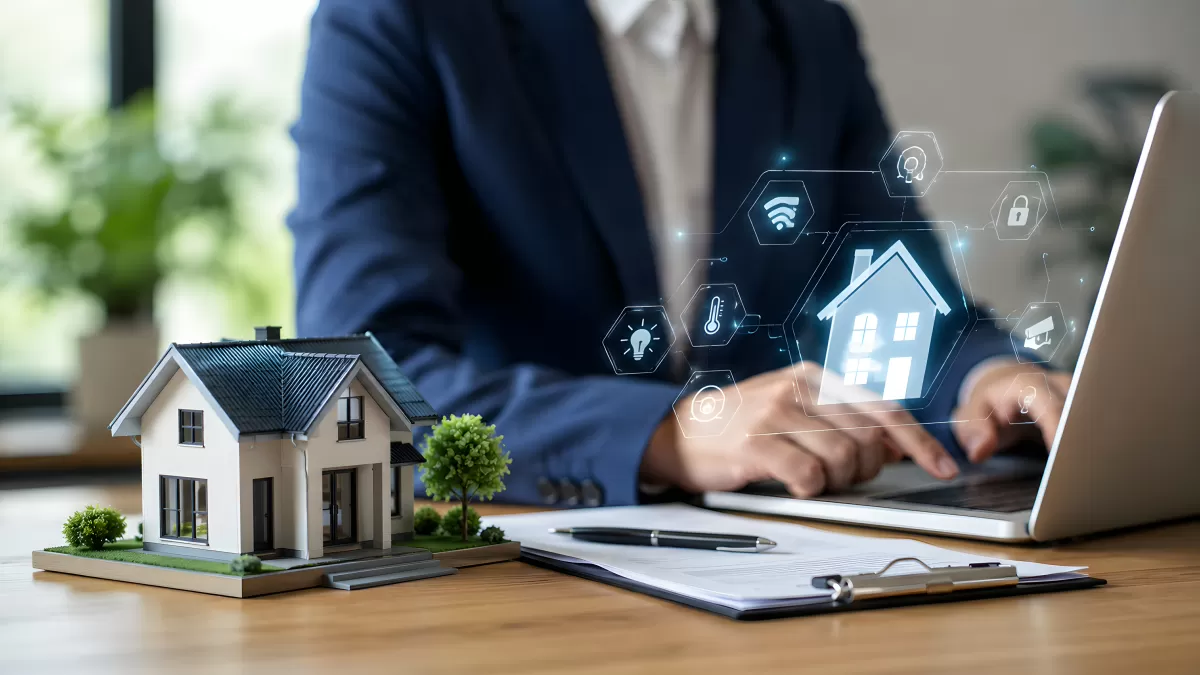 Immobilienmakler mit Smart-Home-Technologie am Laptop