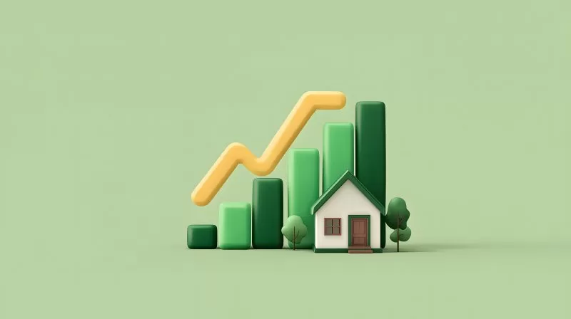 Immobilienmarkt: Haus mit grünem Balkendiagramm und gelber Wachstumslinie
