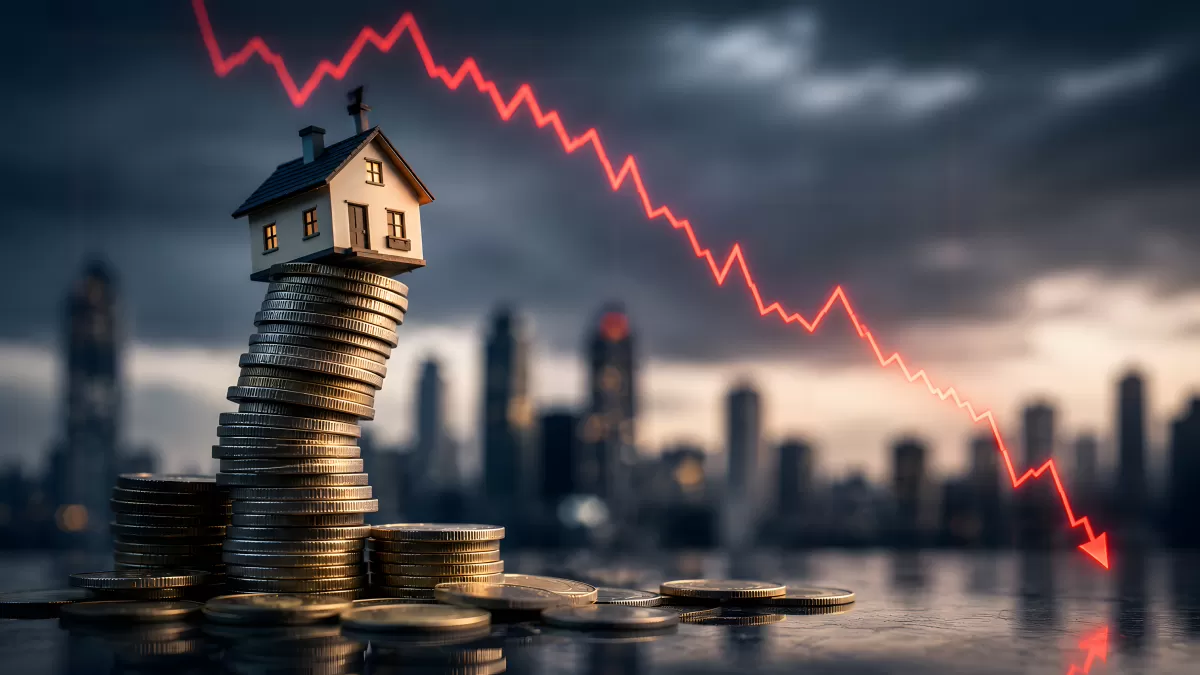 Immobilienpreise im Sinkflug – Haus auf Münzstapel