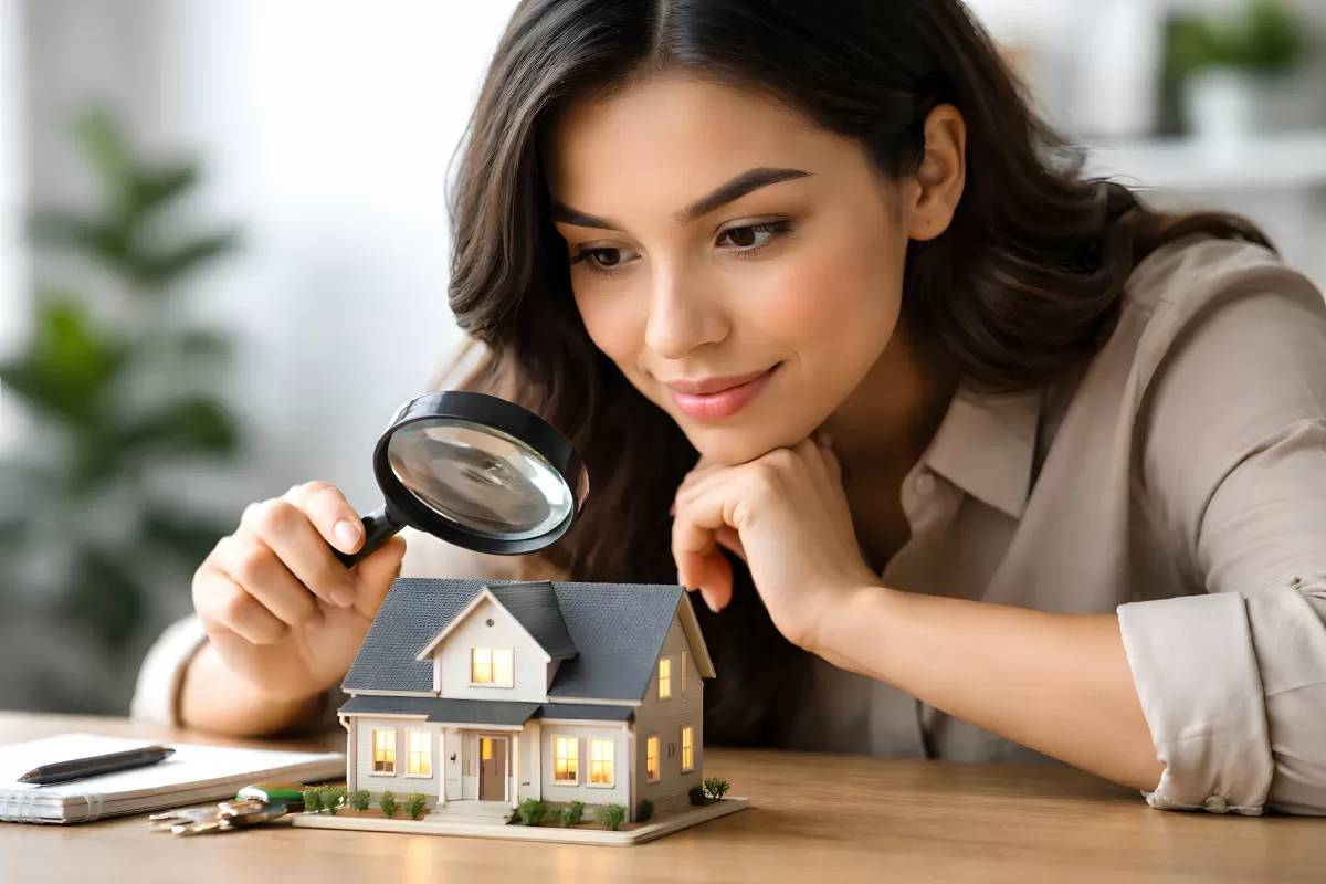 Immobiliensuche: Frau untersucht Hausmodell mit Lupe