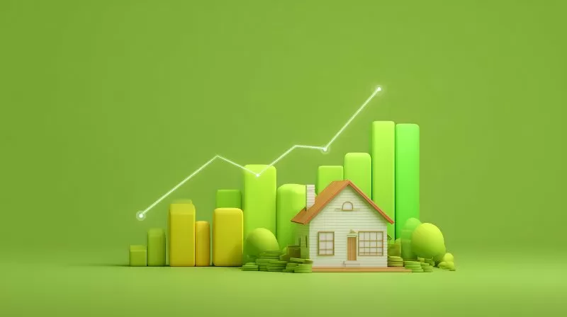 Immobilienwachstum: Haus mit Balkendiagramm und Wachstumskurve