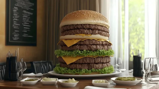 Imposanter Cheeseburger mit mehreren Schichten in gehobener Atmosphäre
