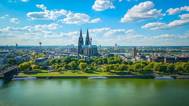 Imposanter Kölner Dom über dem Rhein bei Sonnenschein