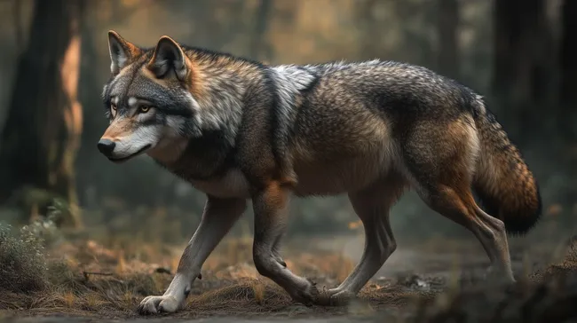 Imposanter Wolf in herbstlichem Waldlandschaft