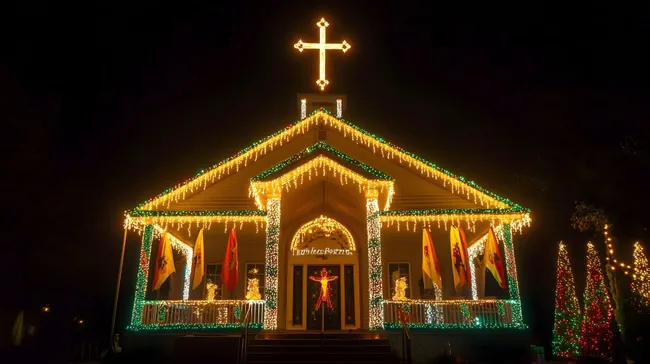 Imposantes Weihnachtsschmuck-Dekor einer beleuchteten Kirche