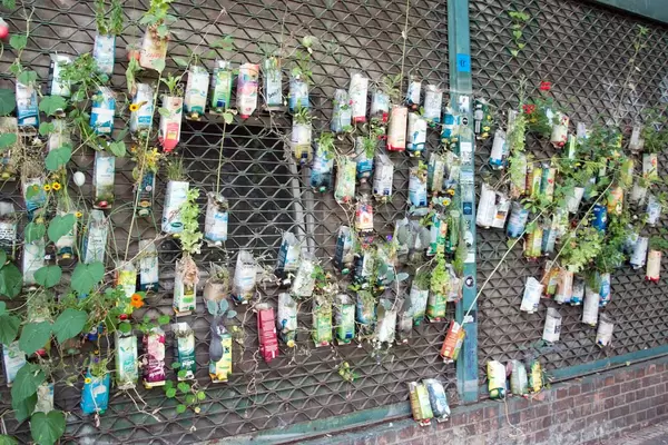 Improvisational wall garden made out of used bottless. Berlin, Germany