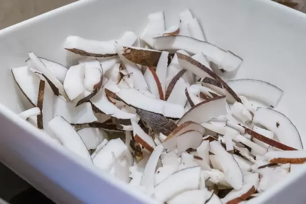 In Streifen geschnittene Kokosnuss in weißer Schale