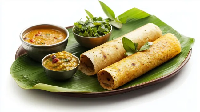 Indische Dosa-Spezialität mit Kokosnuss-Chutney und Sambar