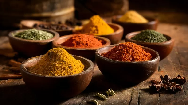 Indische Gewürze in Holzschalen auf rustikalem Holztisch