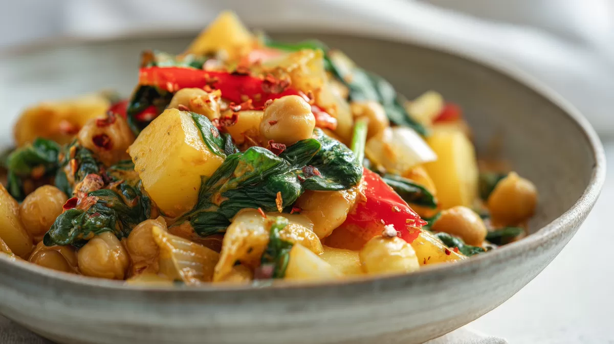 Indische Kartoffeln mit Kichererbsen, Spinat und Paprika