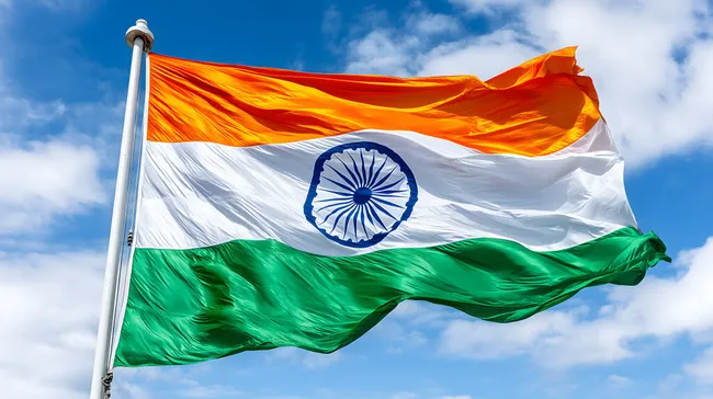 Indische Nationalflagge weht im Wind vor blauem Himmel
