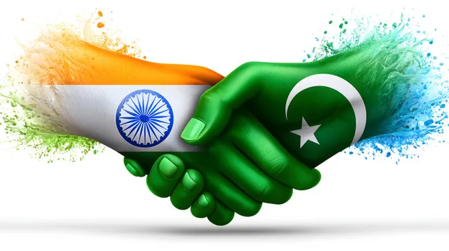 Indische und pakistanische Flaggen in Handschlag