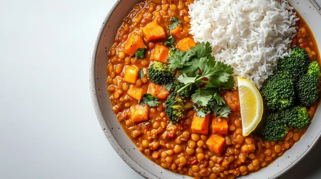 Indischer Dhal-Curry mit Reis, Brokkoli und Kürbis