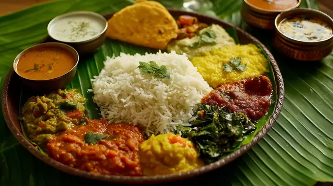 Indisches Curry-Gericht auf Bananenblatt