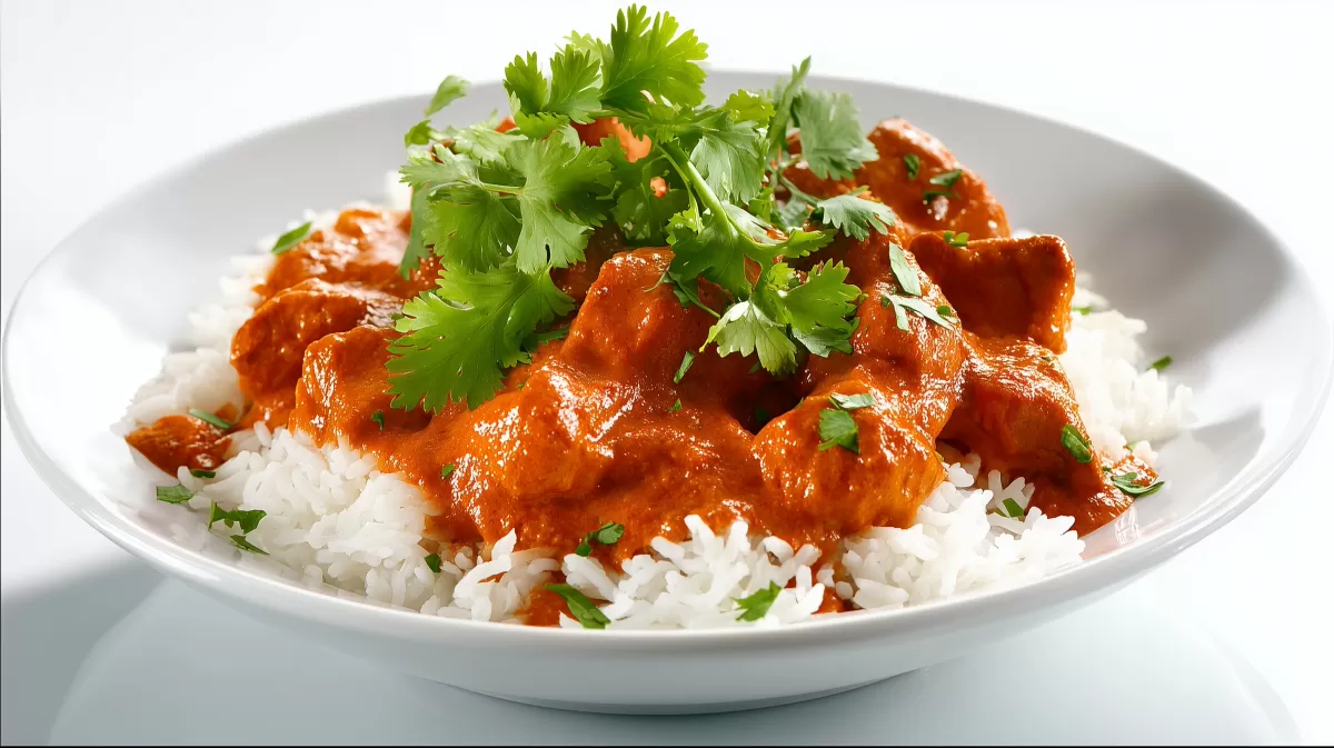 Indisches Curry-Hühnchen mit Reis und Koriander