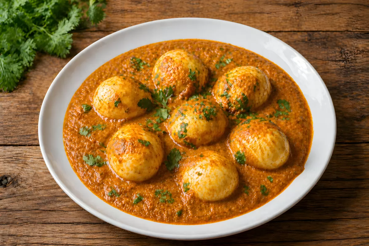 Indisches Ei-Curry mit Masala-Soße auf Holztisch