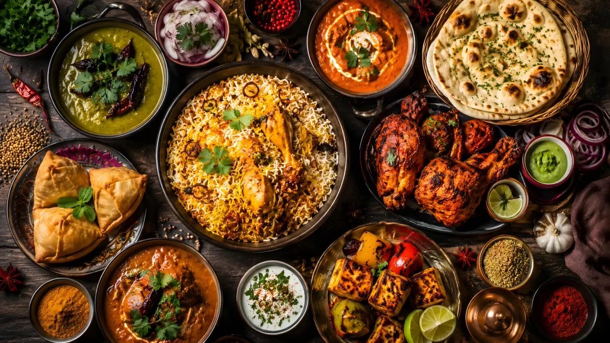 Indisches Festmahl mit Biryani, Tandoori und Samosas