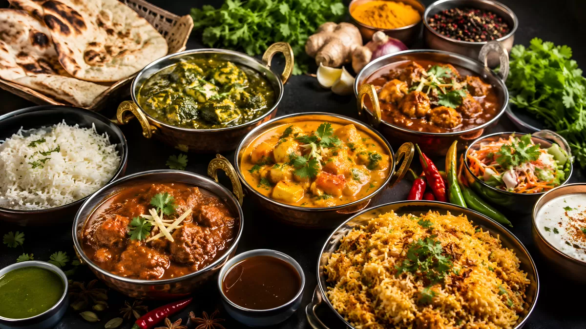 Indisches Festmahl mit Currys, Biryani und Naan