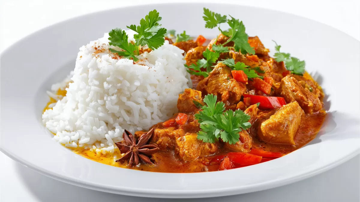 Indisches Hühnchen Curry mit Reis auf weißem Teller