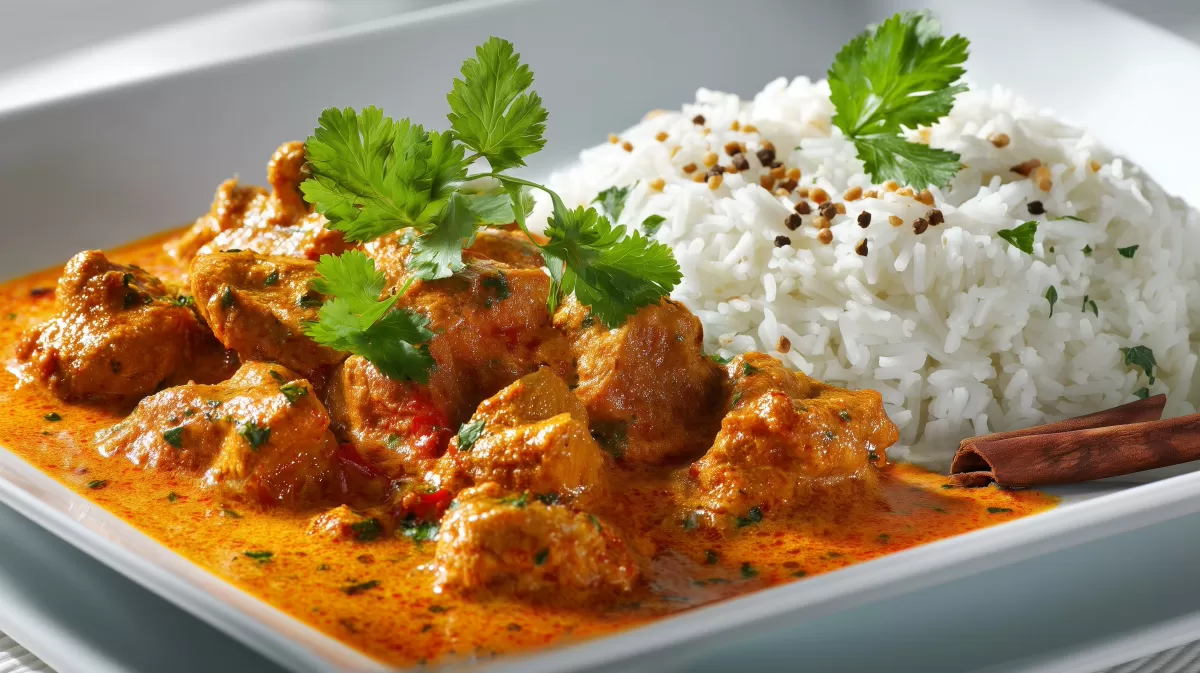Indisches Hühnchen Curry mit Reis und Koriander