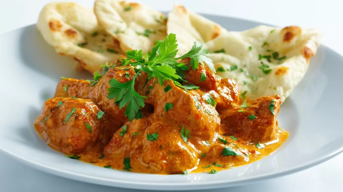Indisches Hühnchencurry mit Naan-Brot auf Teller