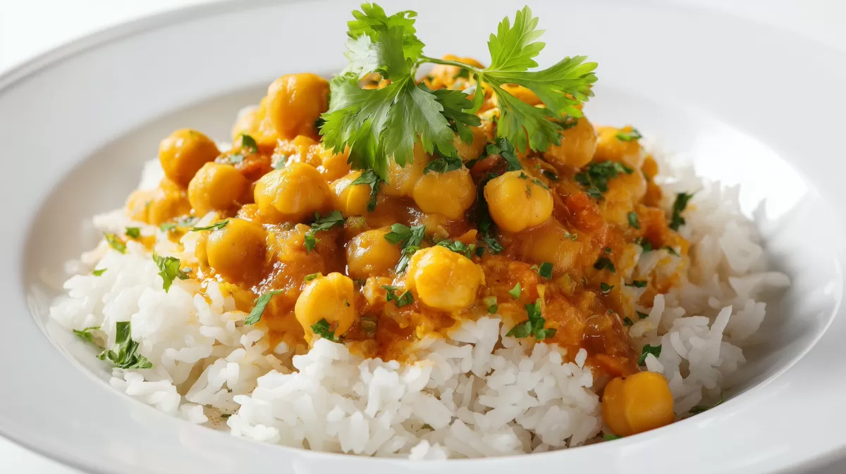 Indisches Kichererbsencurry mit Reis und Koriander