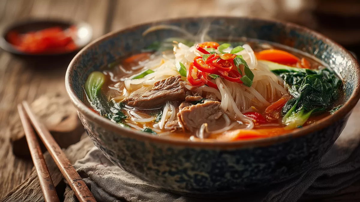 Indonesische Bihun Nudelsuppe mit Fleisch und Chili