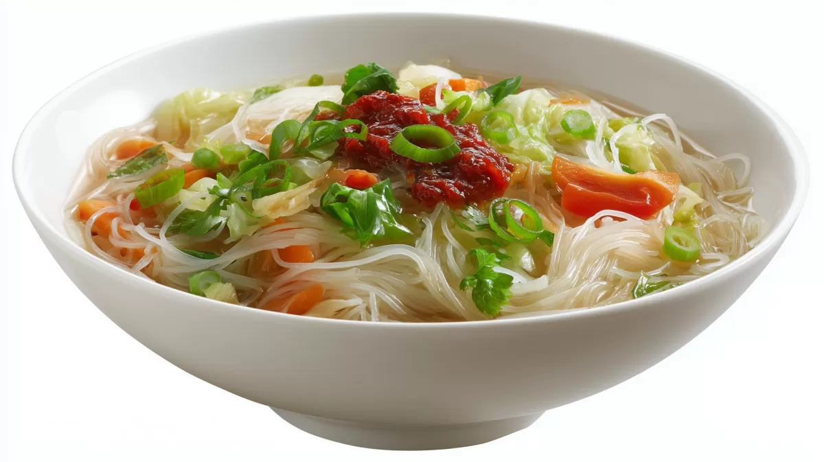 Indonesische Bihun Nudelsuppe mit Gemüse und Sambal