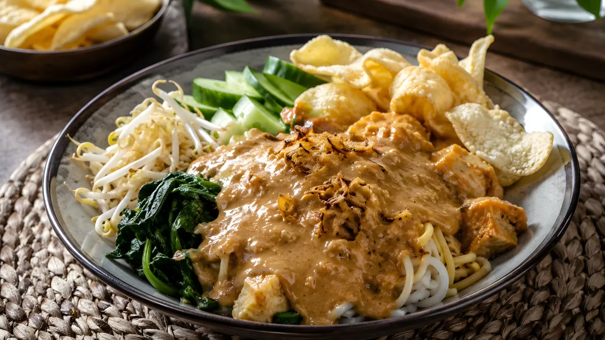 Indonesische Nudelschüssel mit Erdnusssauce und Gemüse