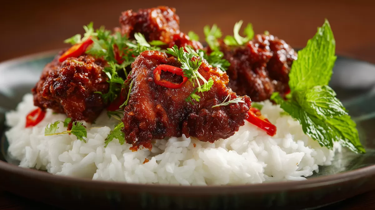 Indonesisches Ayam Goreng Hühnchen mit Reis