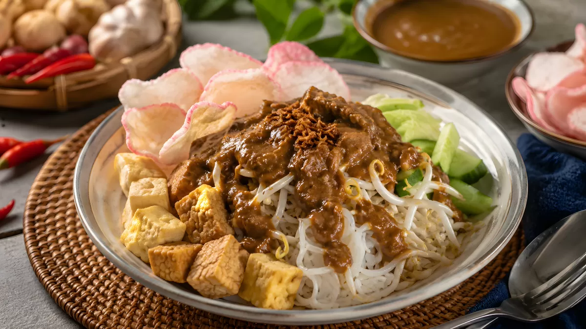 Indonesisches Gado-Gado mit Erdnusssoße und Reisnudeln