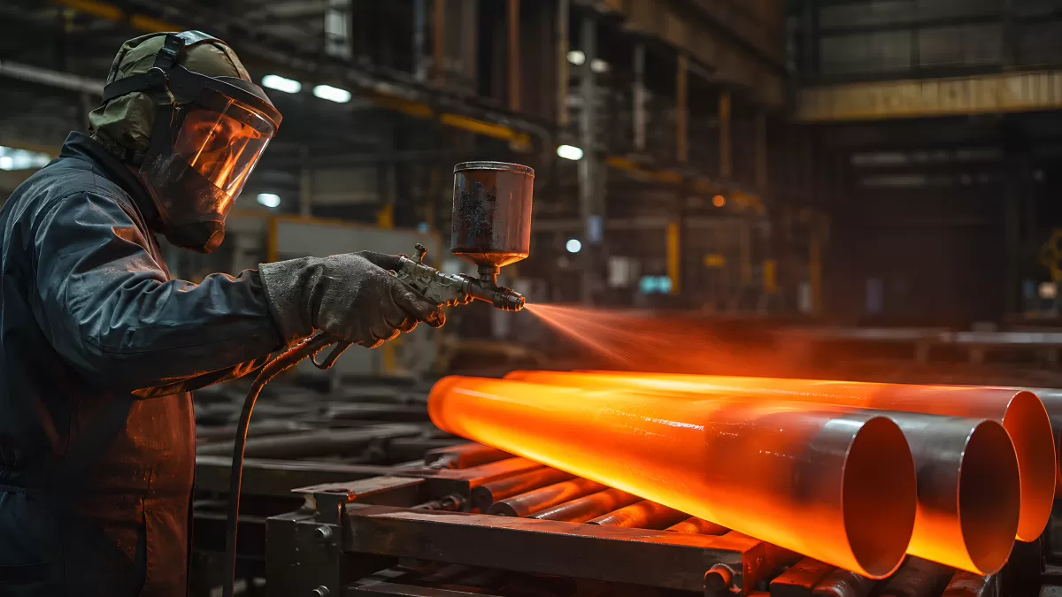 Industriearbeiter beschichtet Stahlrohre mit Sprühpistole