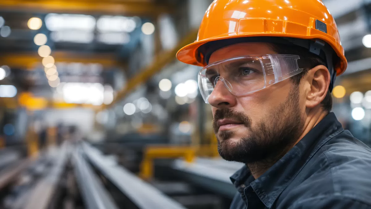 Industriearbeiter mit Schutzhelm in Fertigungshalle