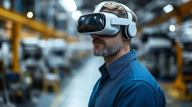 Industriearbeiter mit VR-Brille in Fabrikhalle