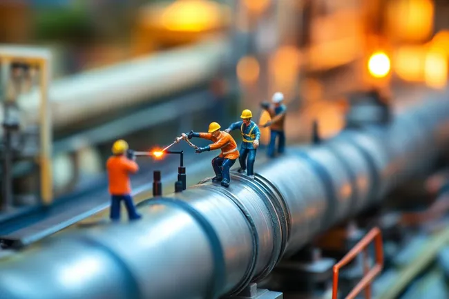 Industriearbeiter reparieren große Pipeline in bunter Beleuchtung