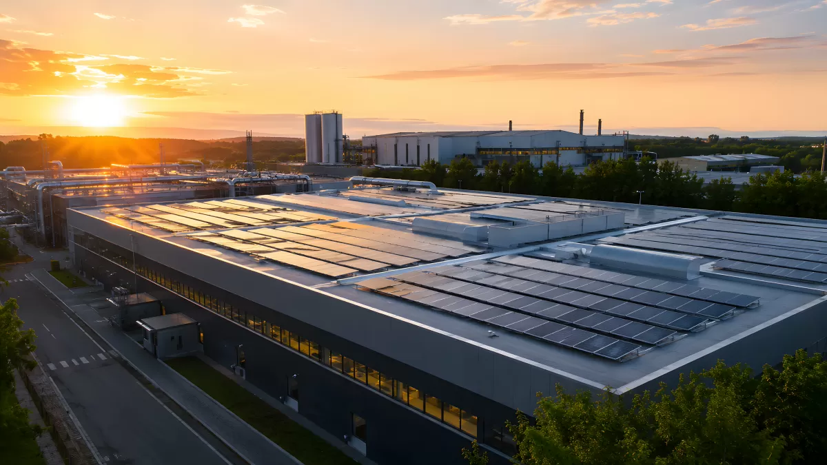 Industriegebäude mit Solaranlage bei Sonnenuntergang
