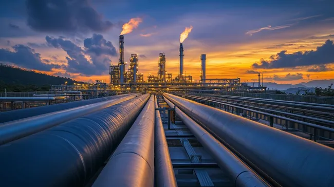 Industrielle Erdölraffinerie bei Sonnenuntergang