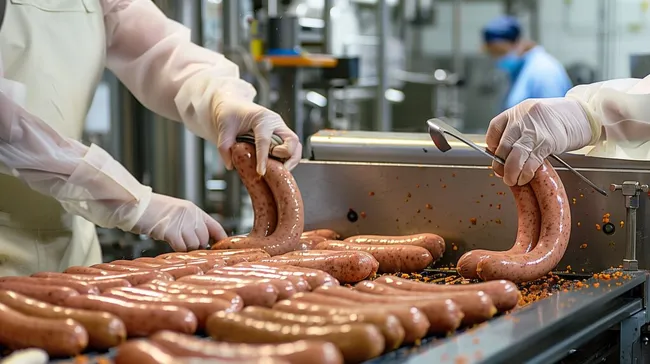 Industrielle Herstellung von Bratwürsten in Produktionsanlage