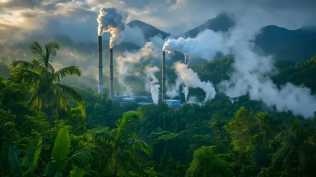 Industrielle Schornsteine inmitten tropischer Vegetation
