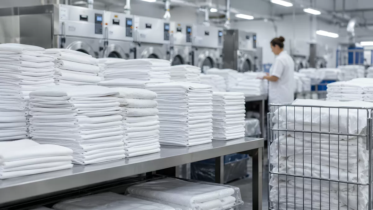 Industrielle Wäscherei mit gefalteten weißen Handtüchern