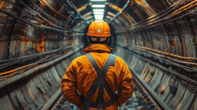 Industrieller Arbeiter in orangefarbenem Schutzanzug im Tunnelbau