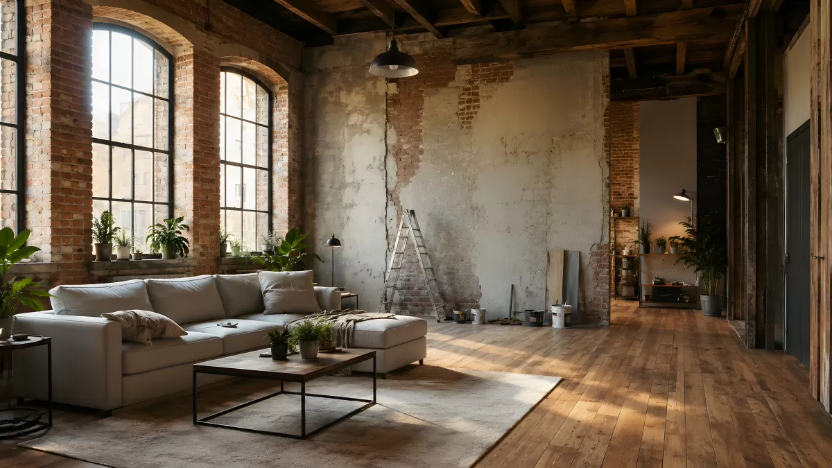 Industrieller Loft im Umbau mit Ziegelwand und Sofa