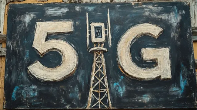 Industrielles 5G-Symbol auf rustikaler Holztafel