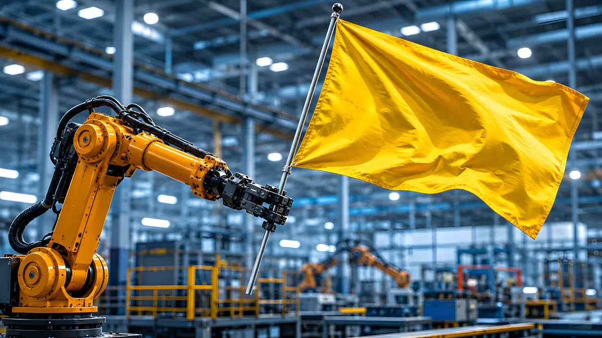 Industrieroboter hält gelbe Flagge in moderner Fabrikhalle