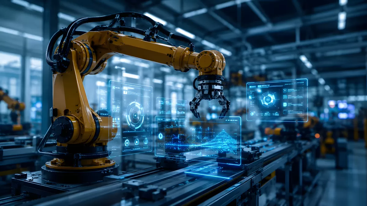 Industrieroboterarm mit holografischen Displays in Fabrik